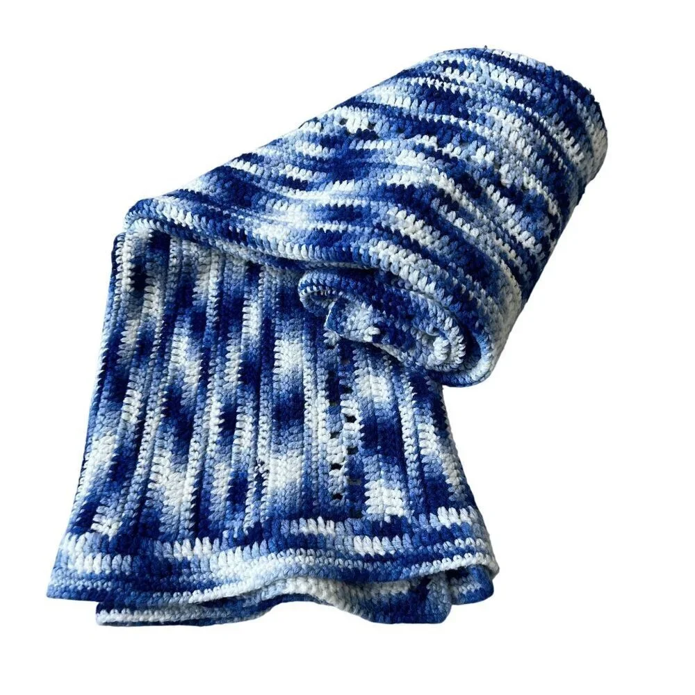 Handmade Blue White Ripple Wave Crochet Throw Afghan Blanket 48